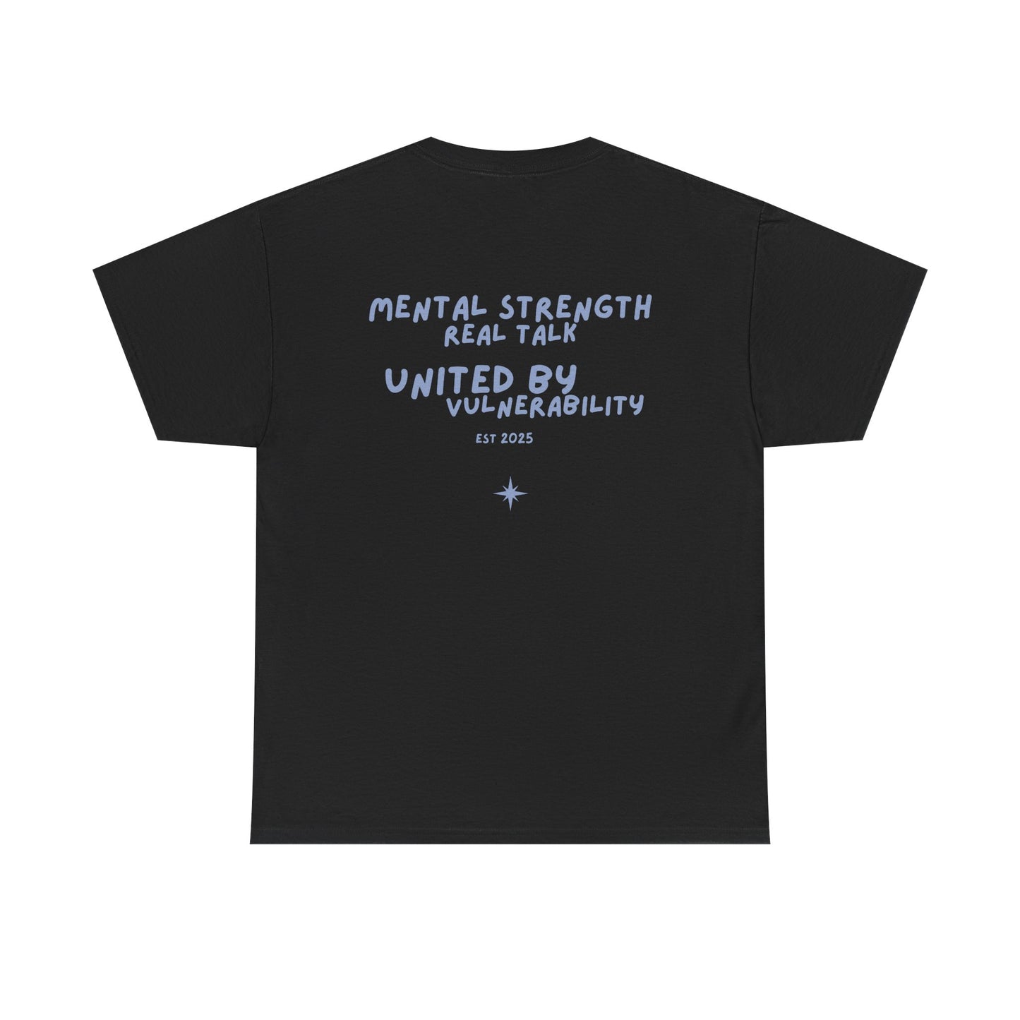 Black t-shirt with blue text on a blue background