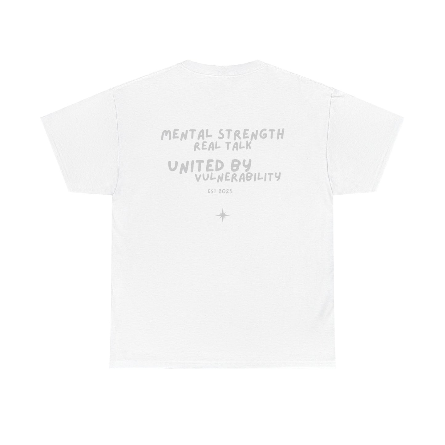 White t-shirt with silver text on a white background