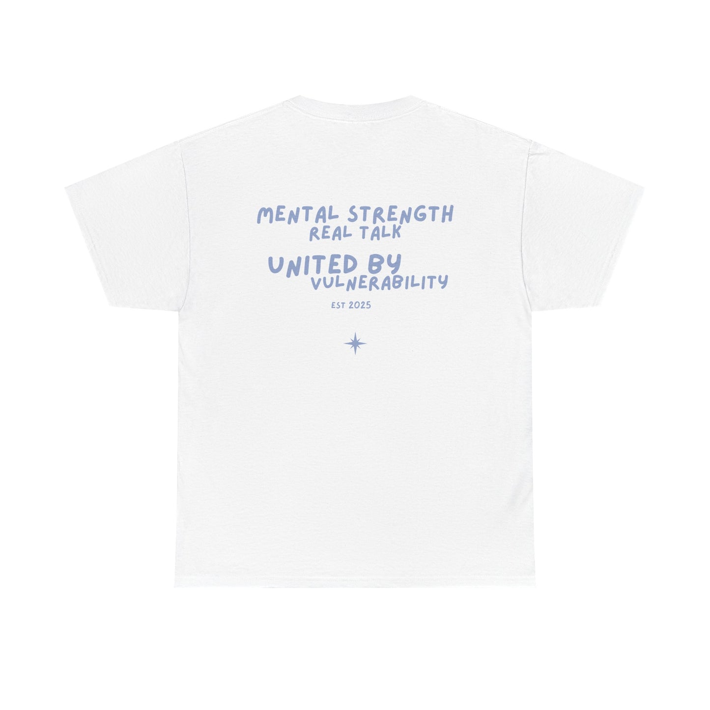 White t-shirt with blue text on a white background