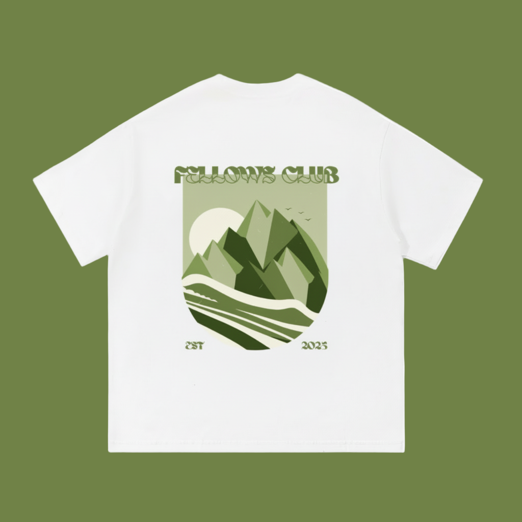 White t-shirt with a mountain graphic and 'Fellows Club' text on a white background