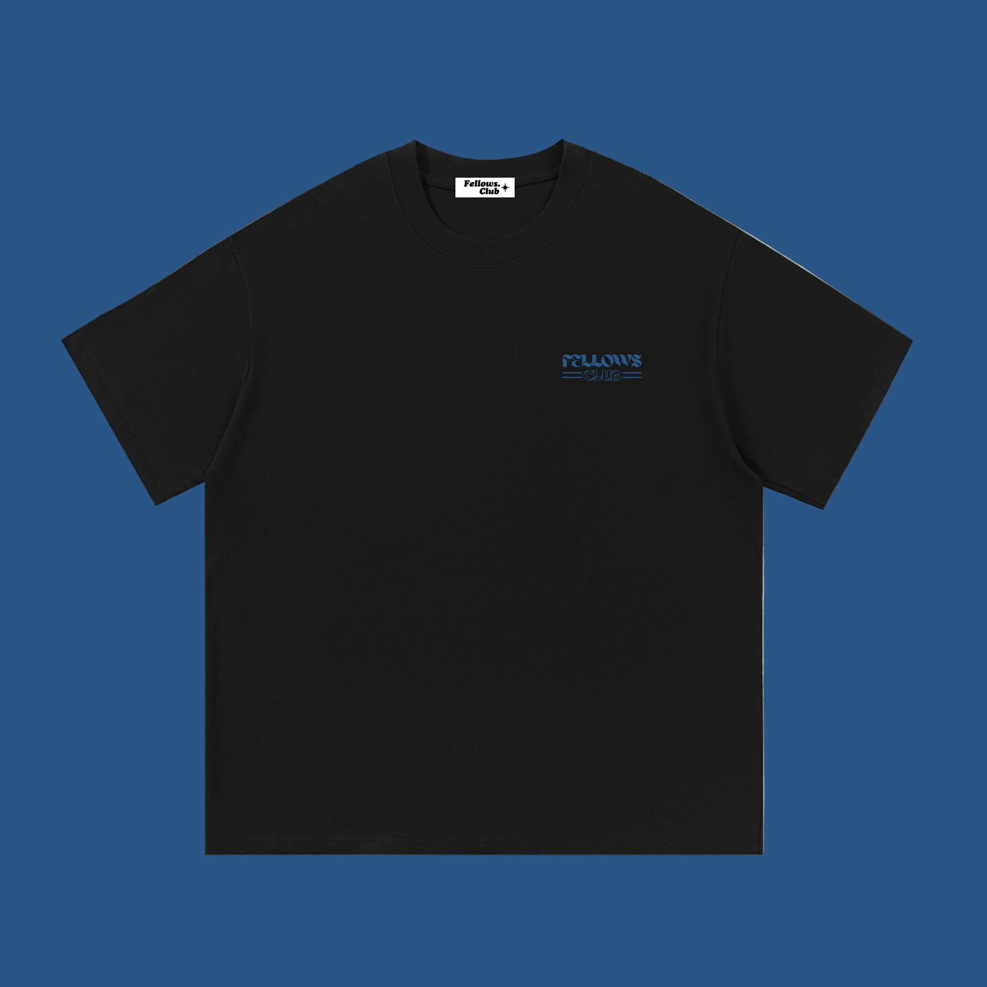 Black t-shirt with a small blue logo SAYING 'FELLOWS CLUB'