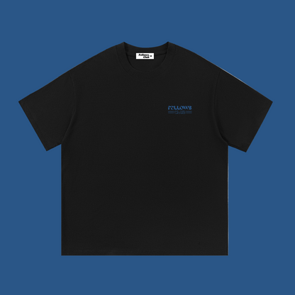 Black t-shirt with a small blue logo SAYING 'FELLOWS CLUB'