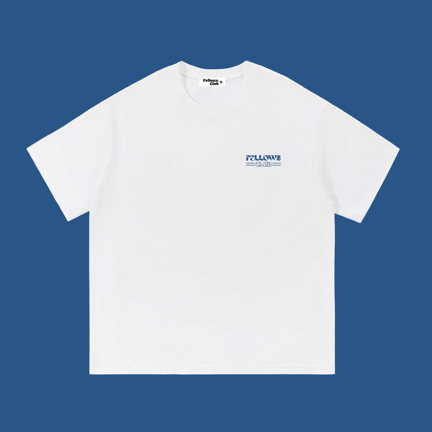White t-shirt with a small logo saying Fellows Club