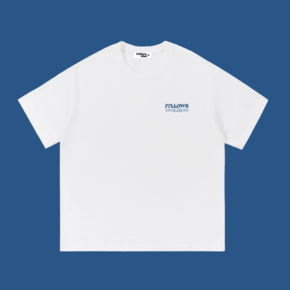 White t-shirt with a small logo saying Fellows Club