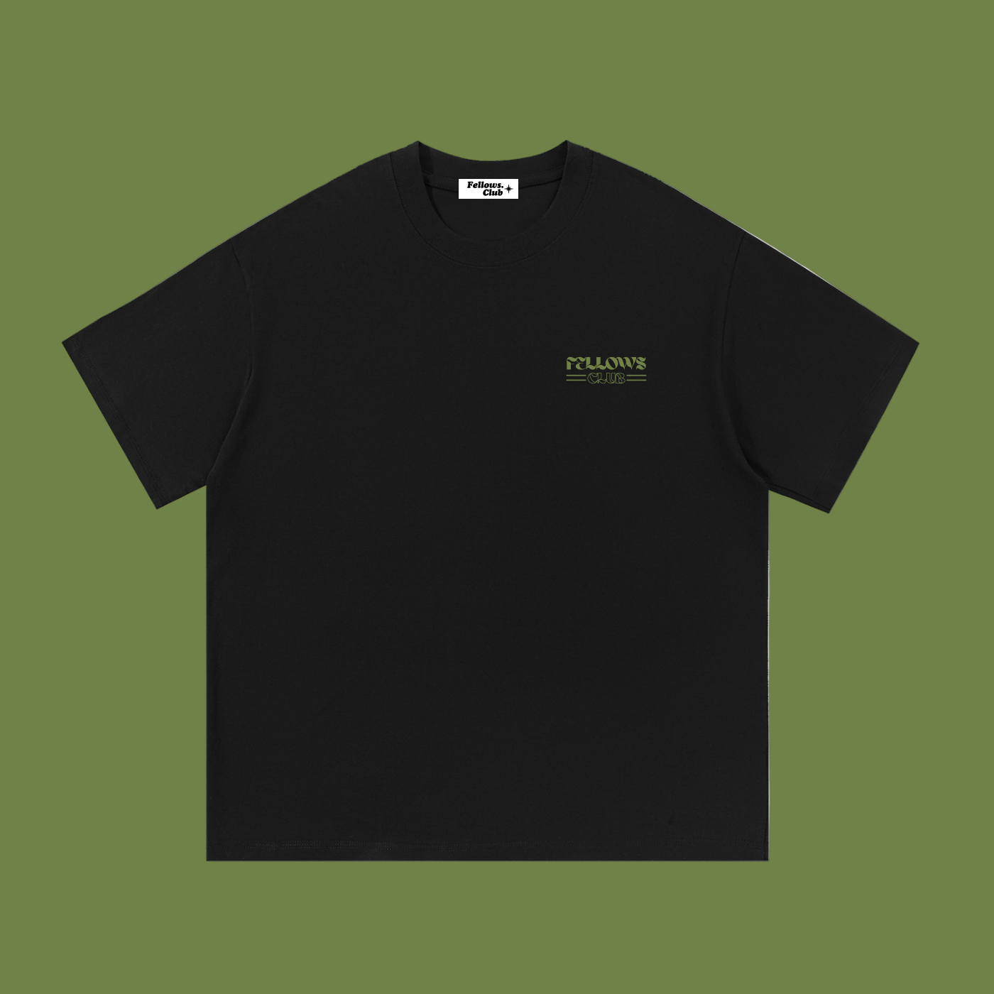 Black t-shirt with a small logo on the chest says 'fellows club'