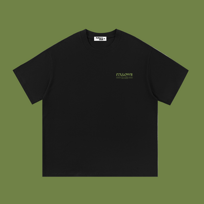Black t-shirt with a small logo on the chest says 'fellows club'