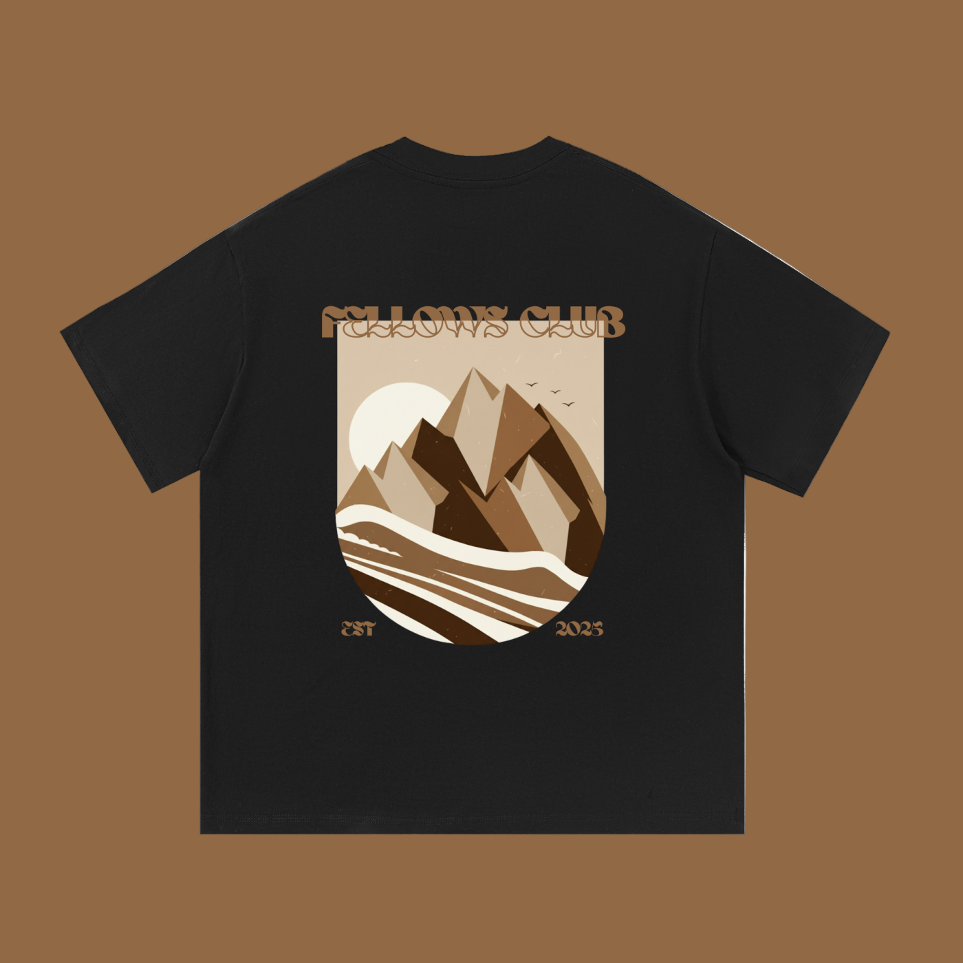 Black t-shirt with mountain design and 'Fellows Club' text