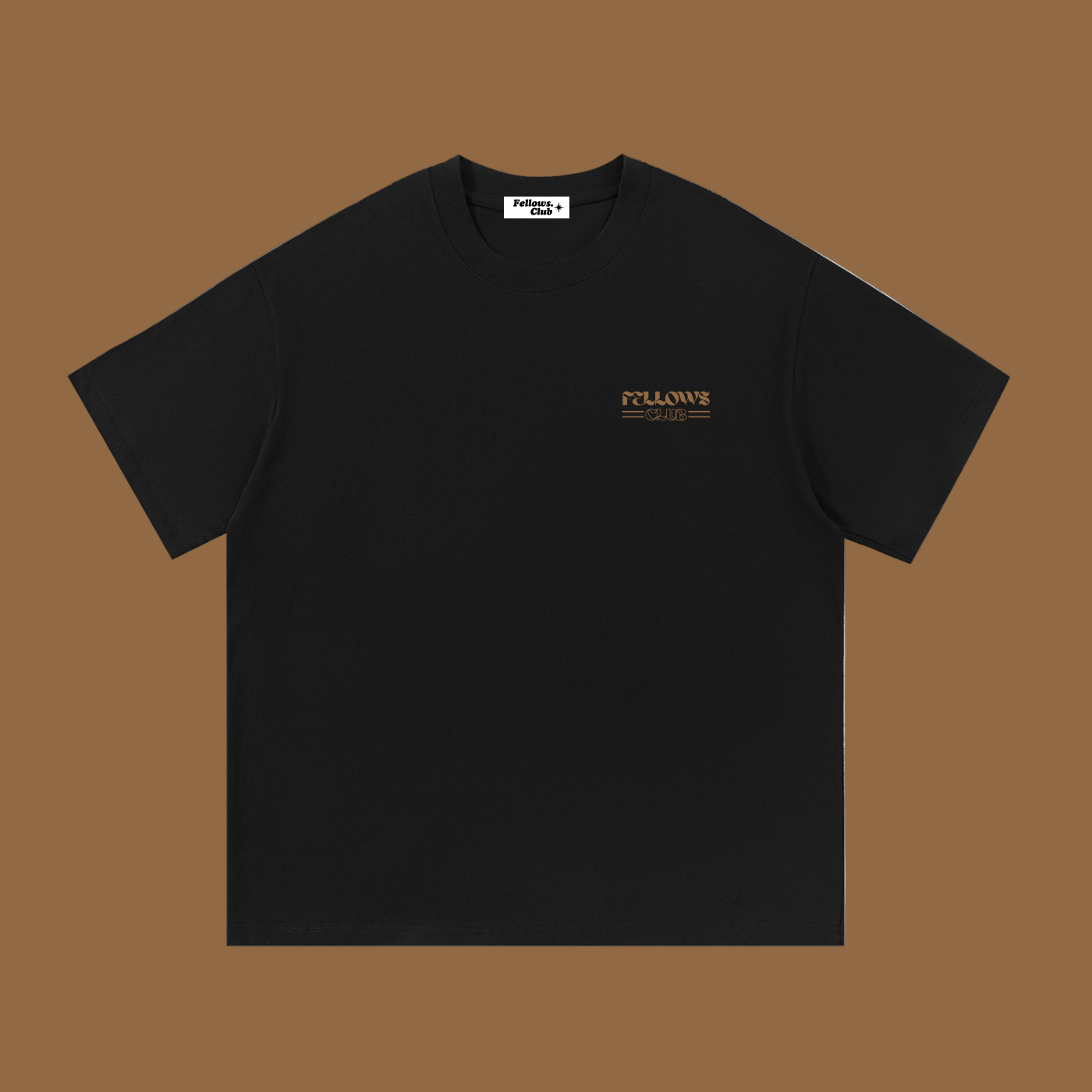 Black t-shirt with a small logo with text fellows club