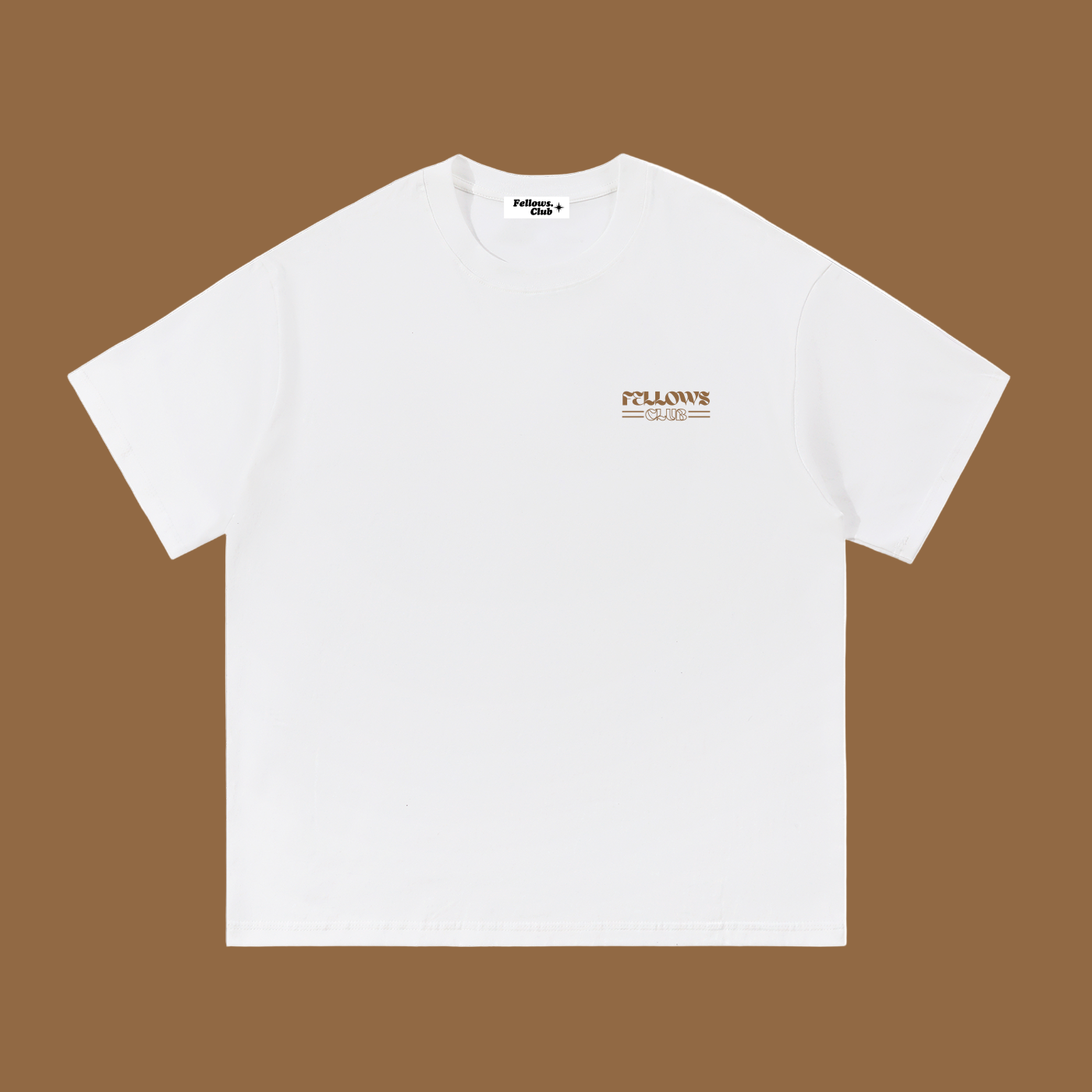 White t-shirt with a small logo stating Fellows Club