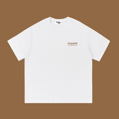 White t-shirt with a small logo stating Fellows Club