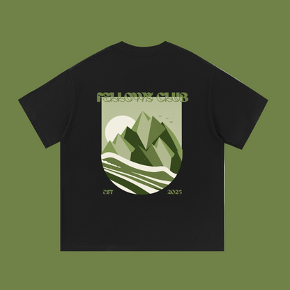 Black t-shirt with a mountain graphic and 'Fellows Club' text 