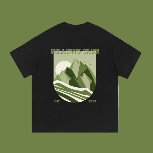 Black t-shirt with a mountain graphic and 'Fellows Club' text 