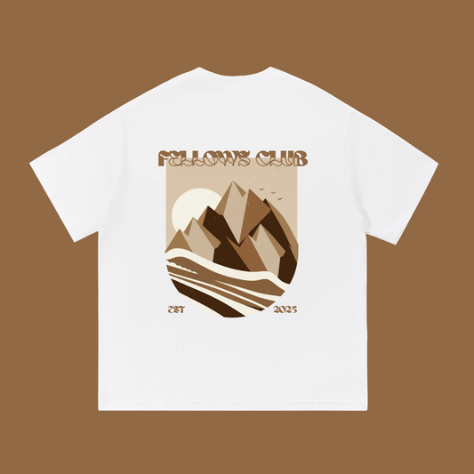 White t-shirt with mountain graphic and 'Fellows Club' text 