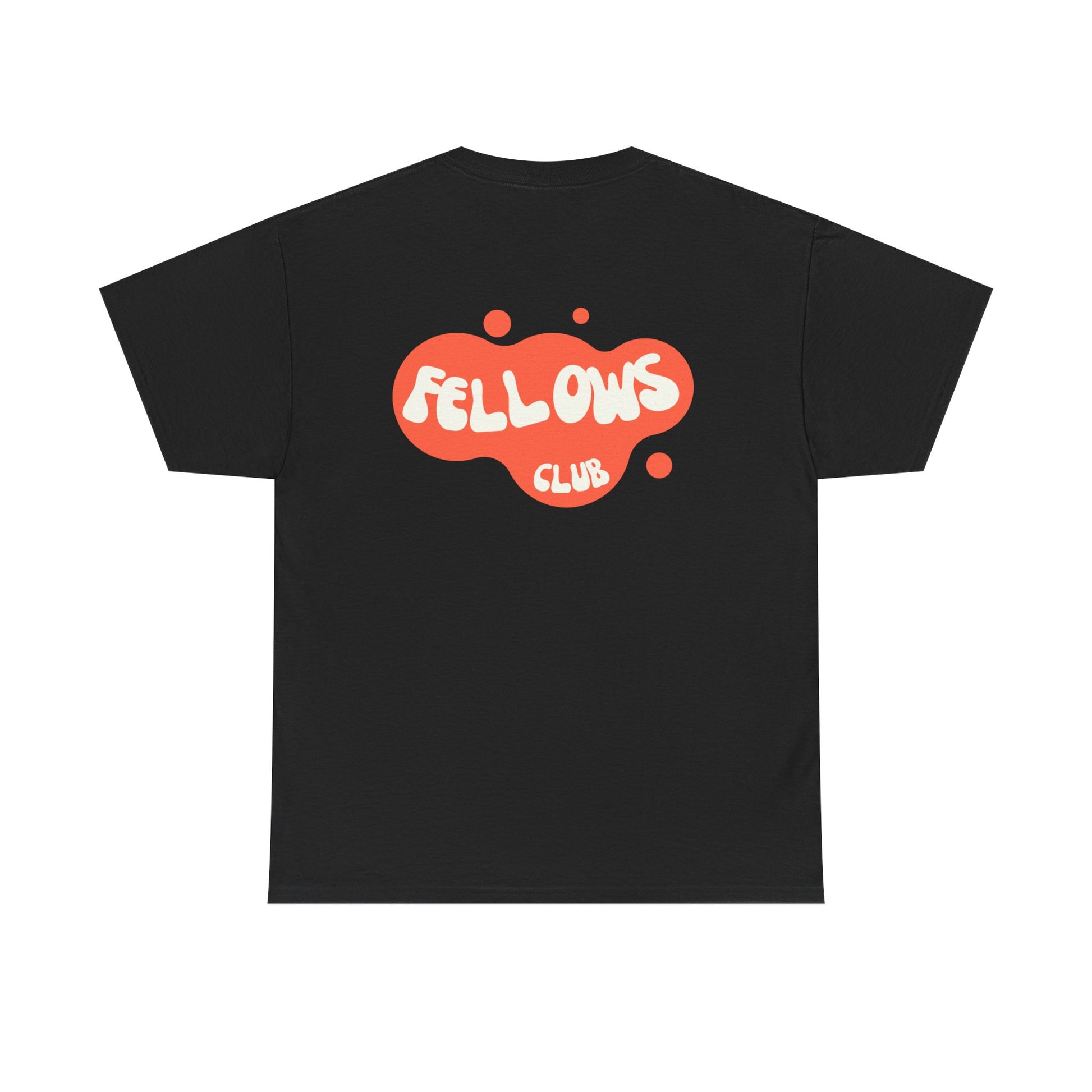 Black t-shirt with orange 'Fellows Club' logo on a white background
