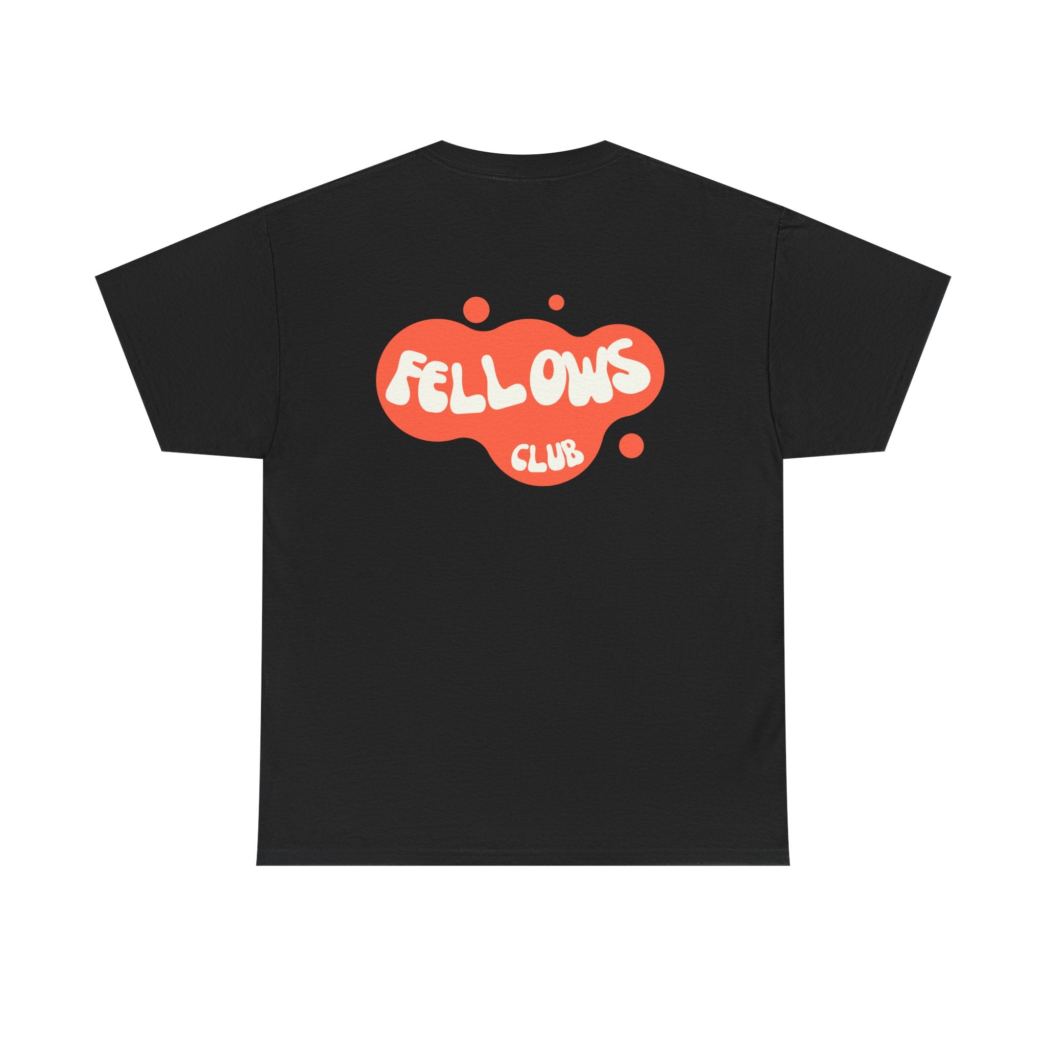 Black t-shirt with orange 'Fellows Club' logo on a white background