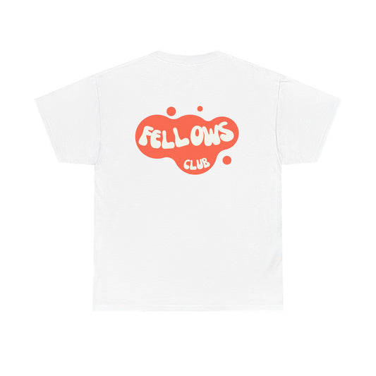 White t-shirt with a orange 'Fellows Club' logo on a white background
