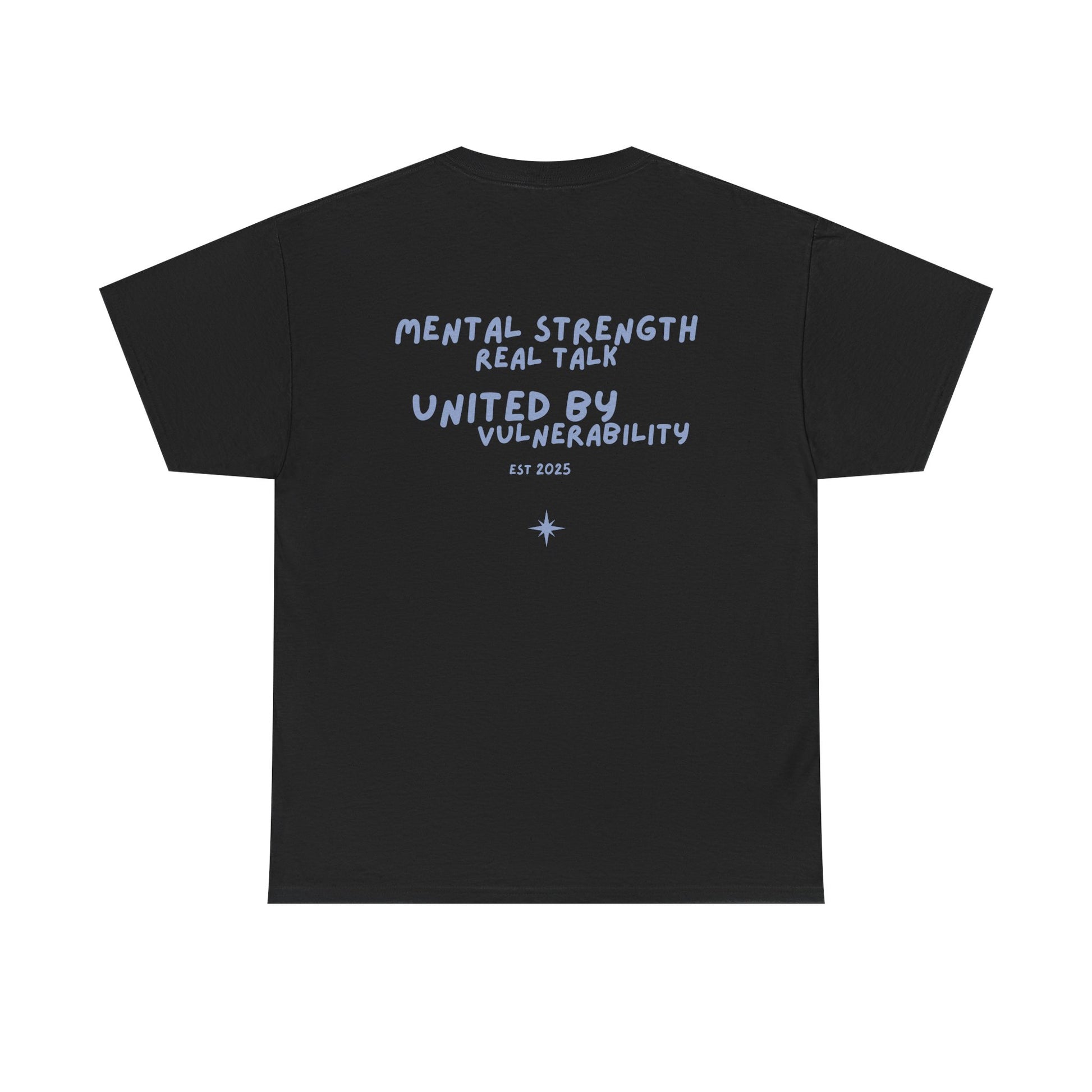 Black t-shirt with blue text on a blue background