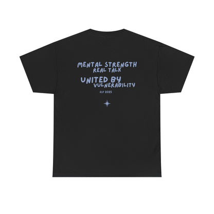 Black t-shirt with blue text on a blue background