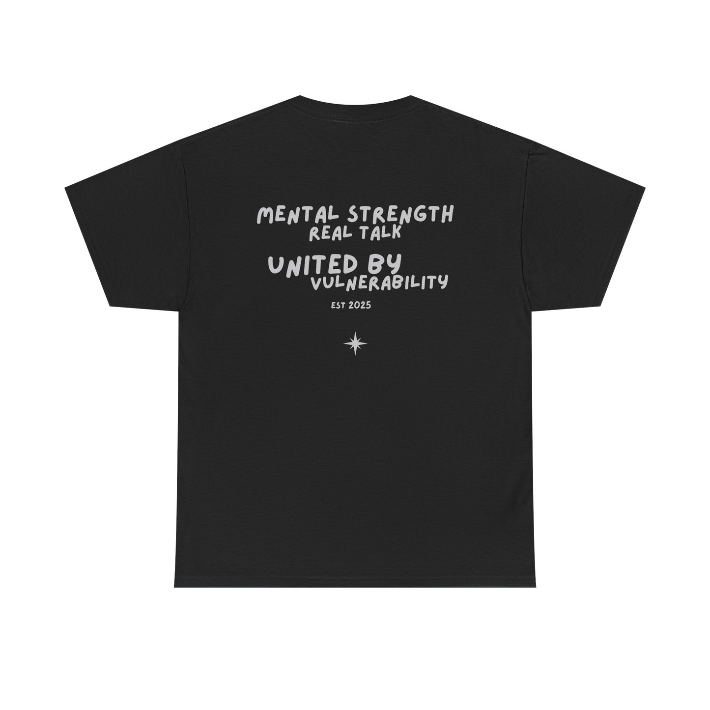 Black t-shirt with silver text on a white background