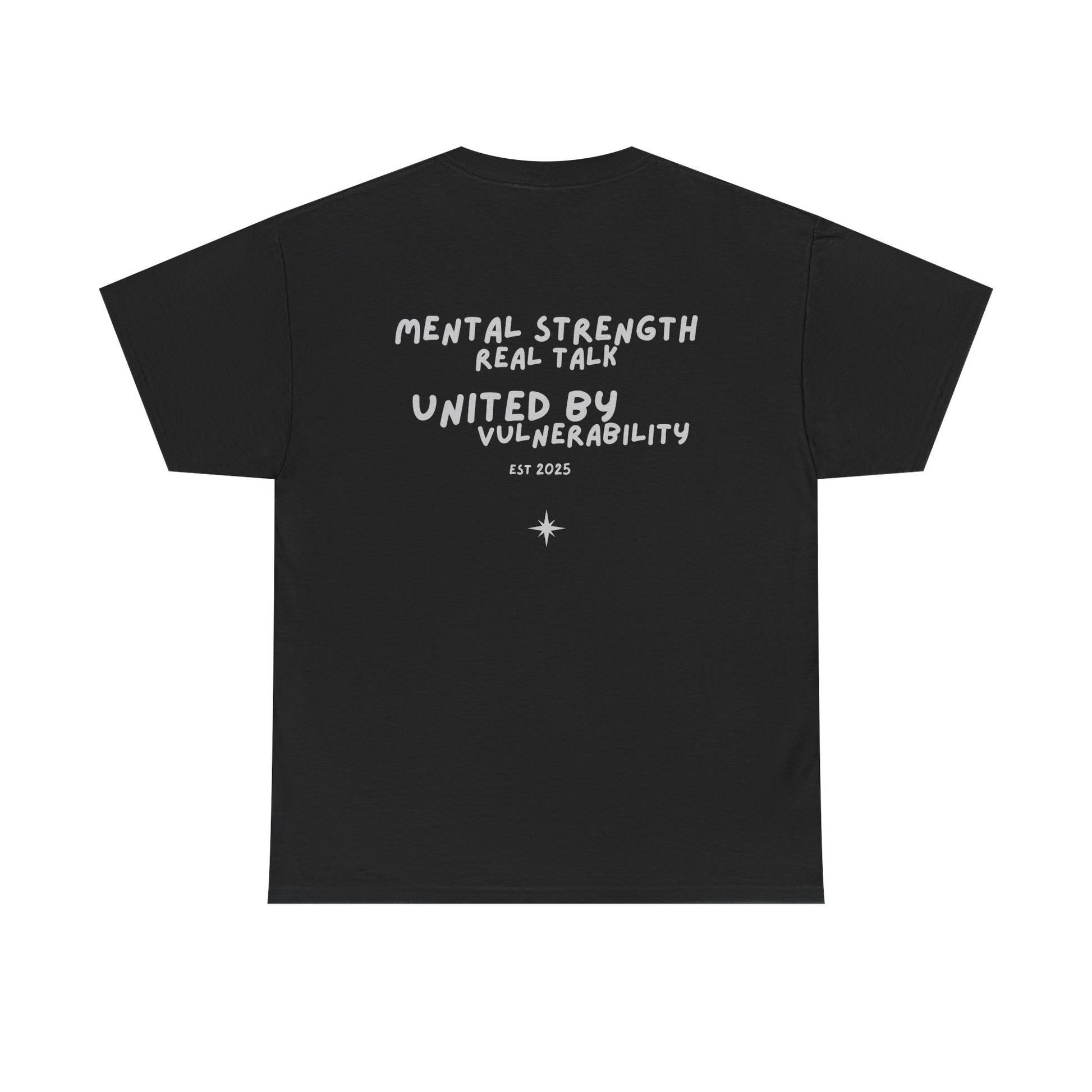 Black t-shirt with silver text on a white background