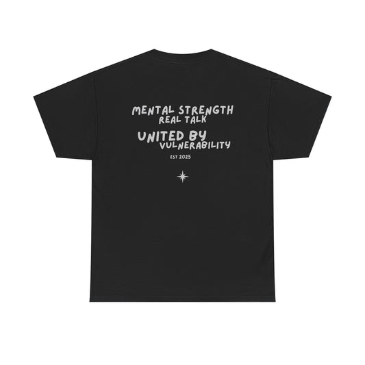 Black t-shirt with silver text on a white background