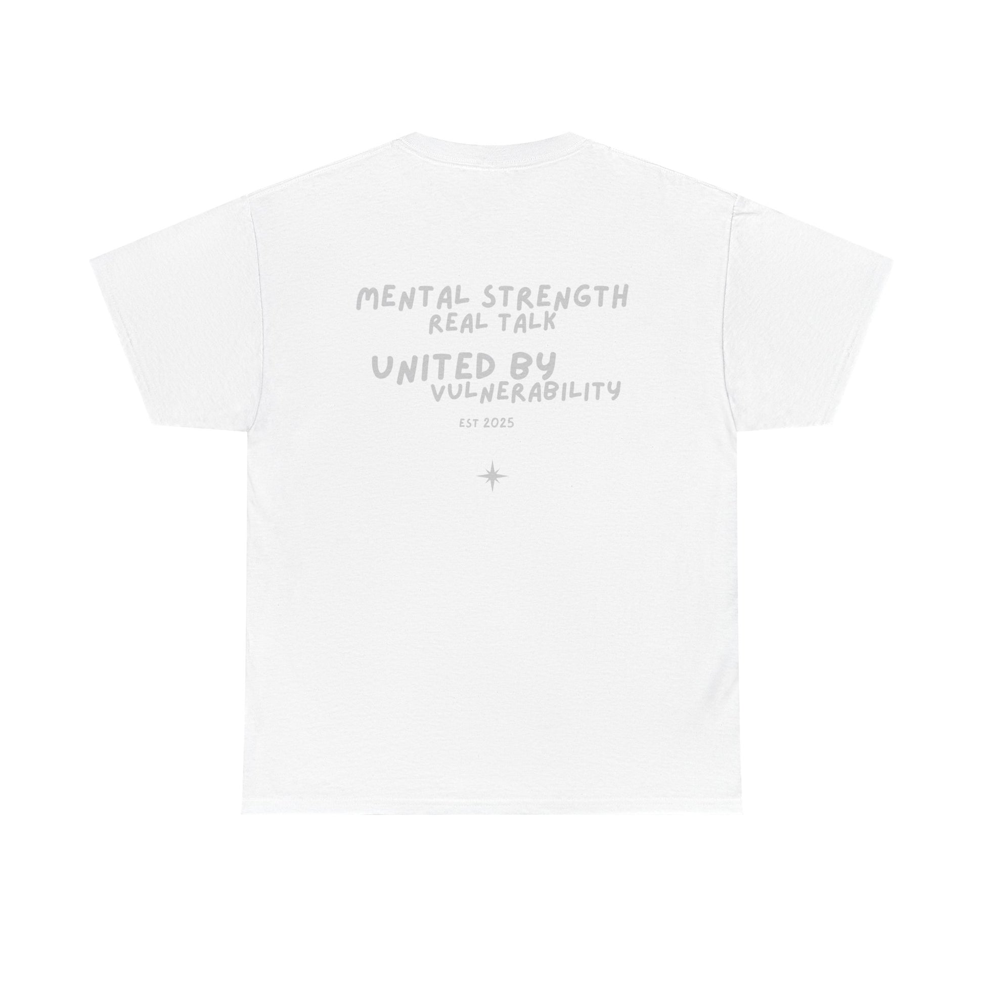 White t-shirt with silver text on a white background