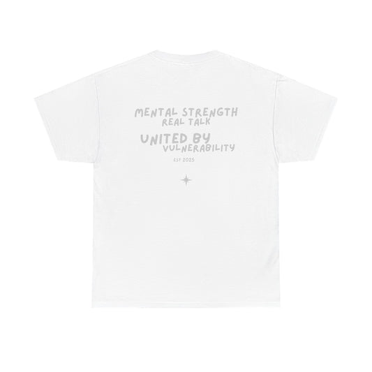 White t-shirt with silver text on a white background