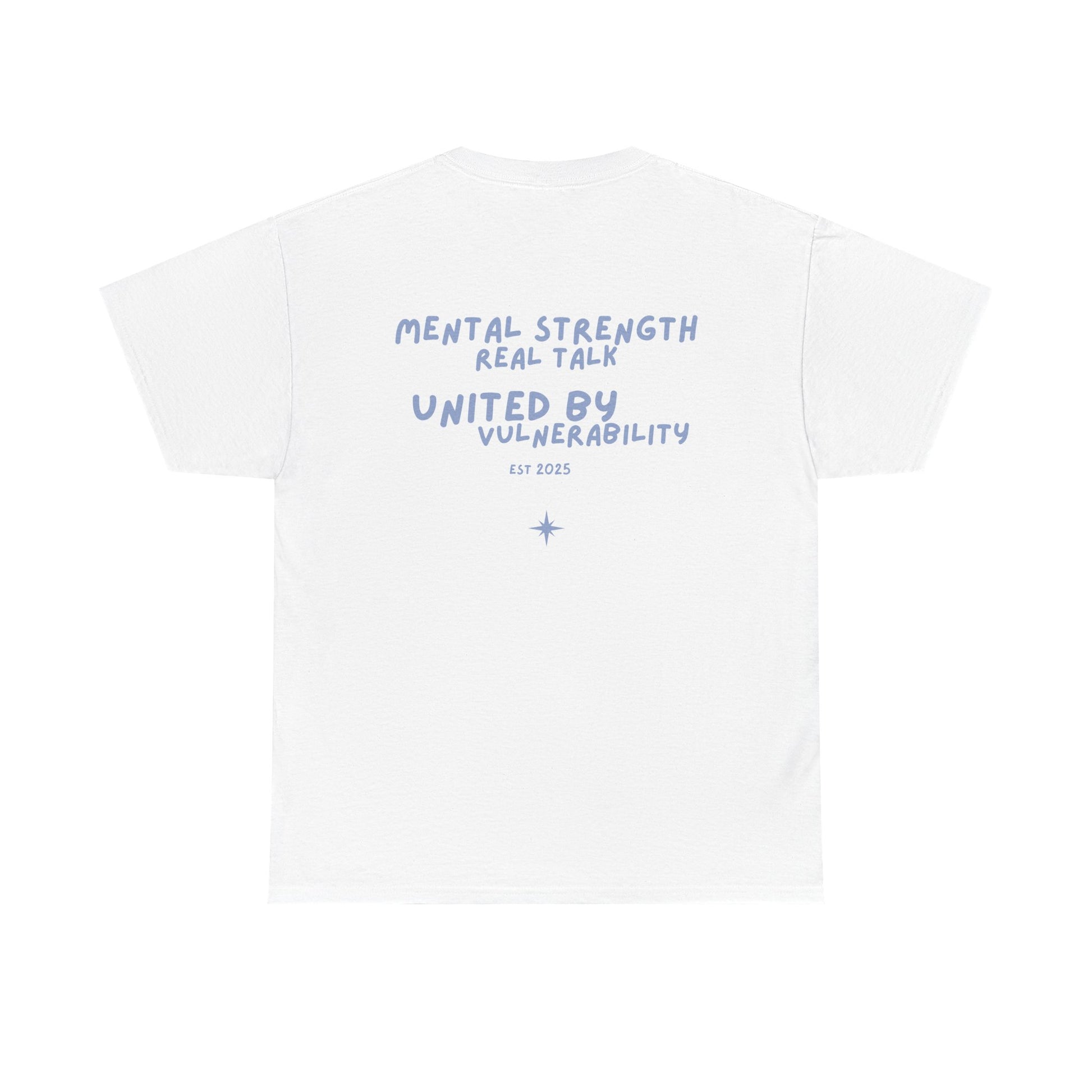White t-shirt with blue text on a white background