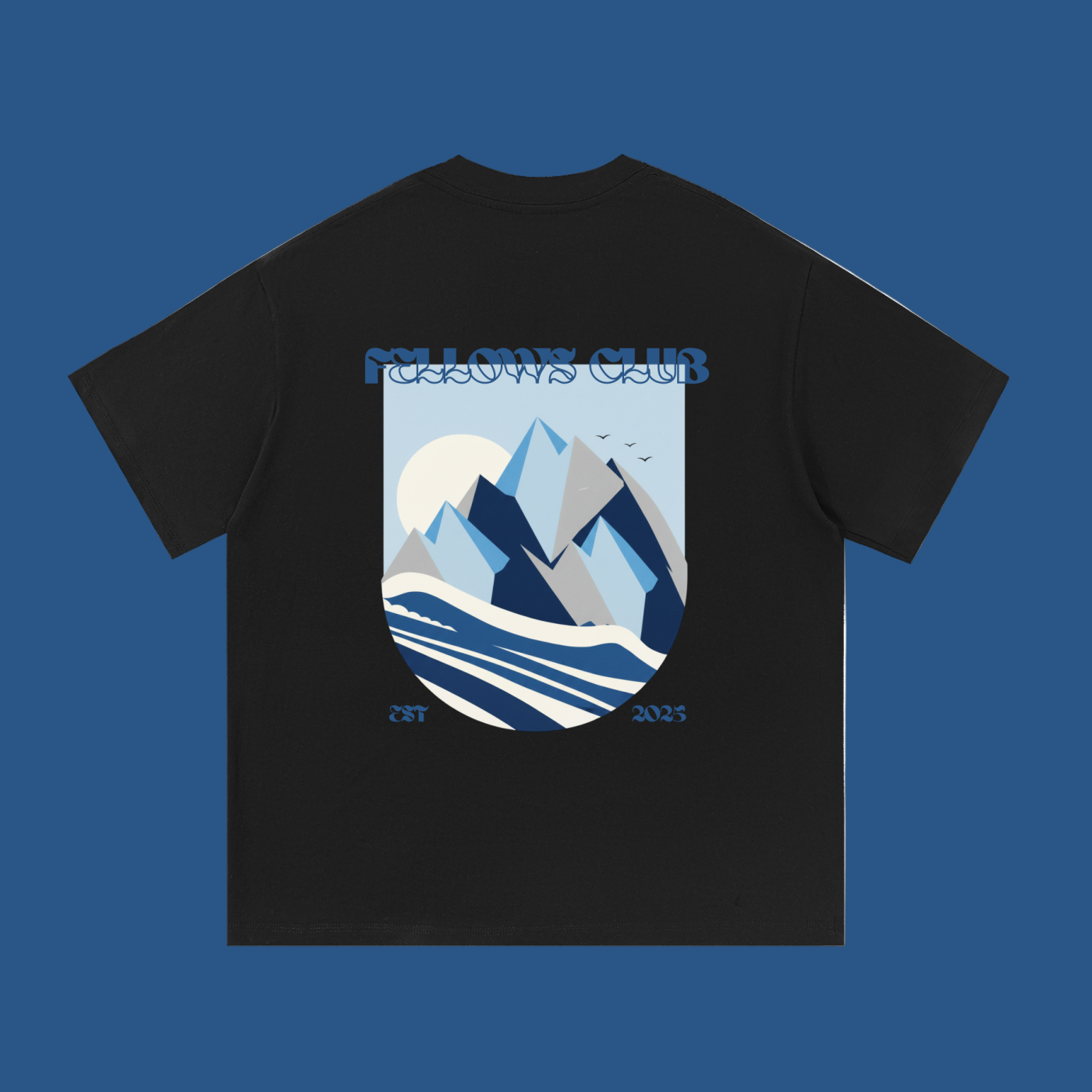 Black t-shirt with mountain graphic and 'Fellows Club' text 