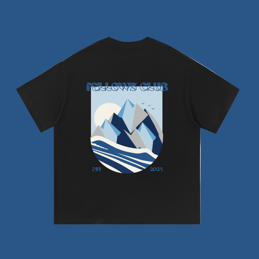 Black t-shirt with mountain graphic and 'Fellows Club' text 