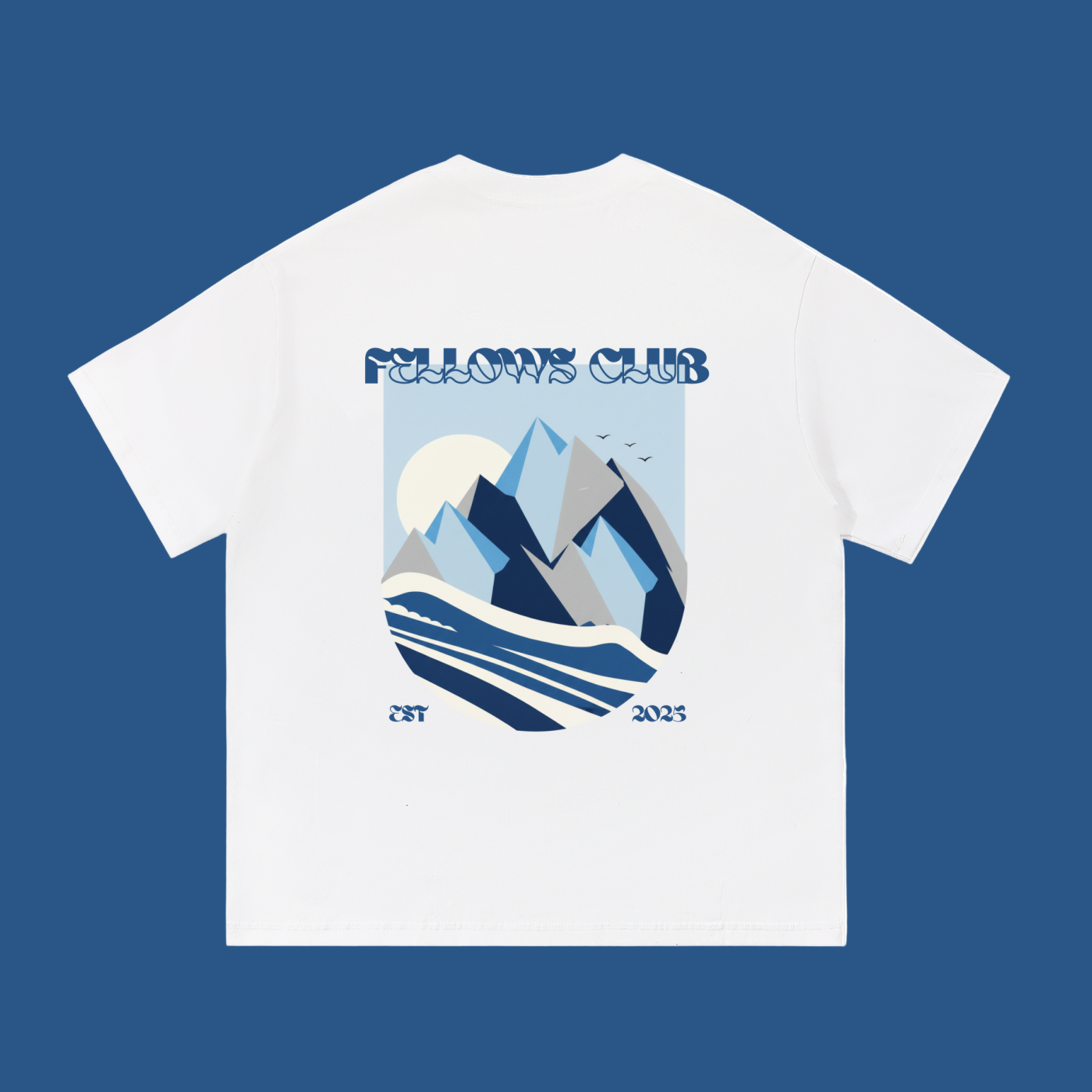 White t-shirt with mountain graphic and 'Fellows Club' text on a white background