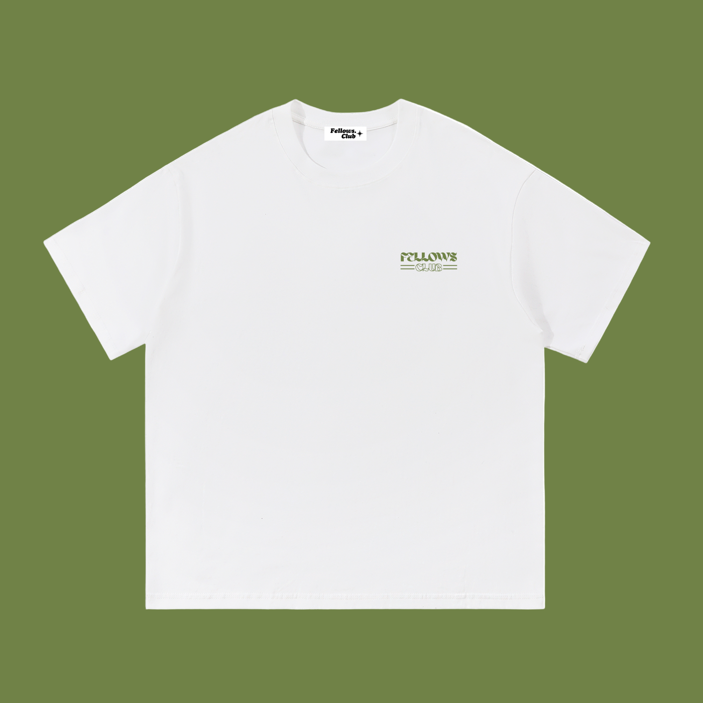 White t-shirt with a logo and text 'fellows club'