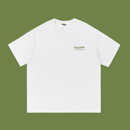 White t-shirt with a logo and text 'fellows club'
